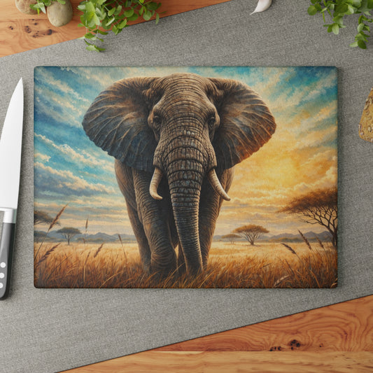 Savanna Guardian Elephant Glass Cutting Board – Dramatic Wildlife Sunset Kitchen Art