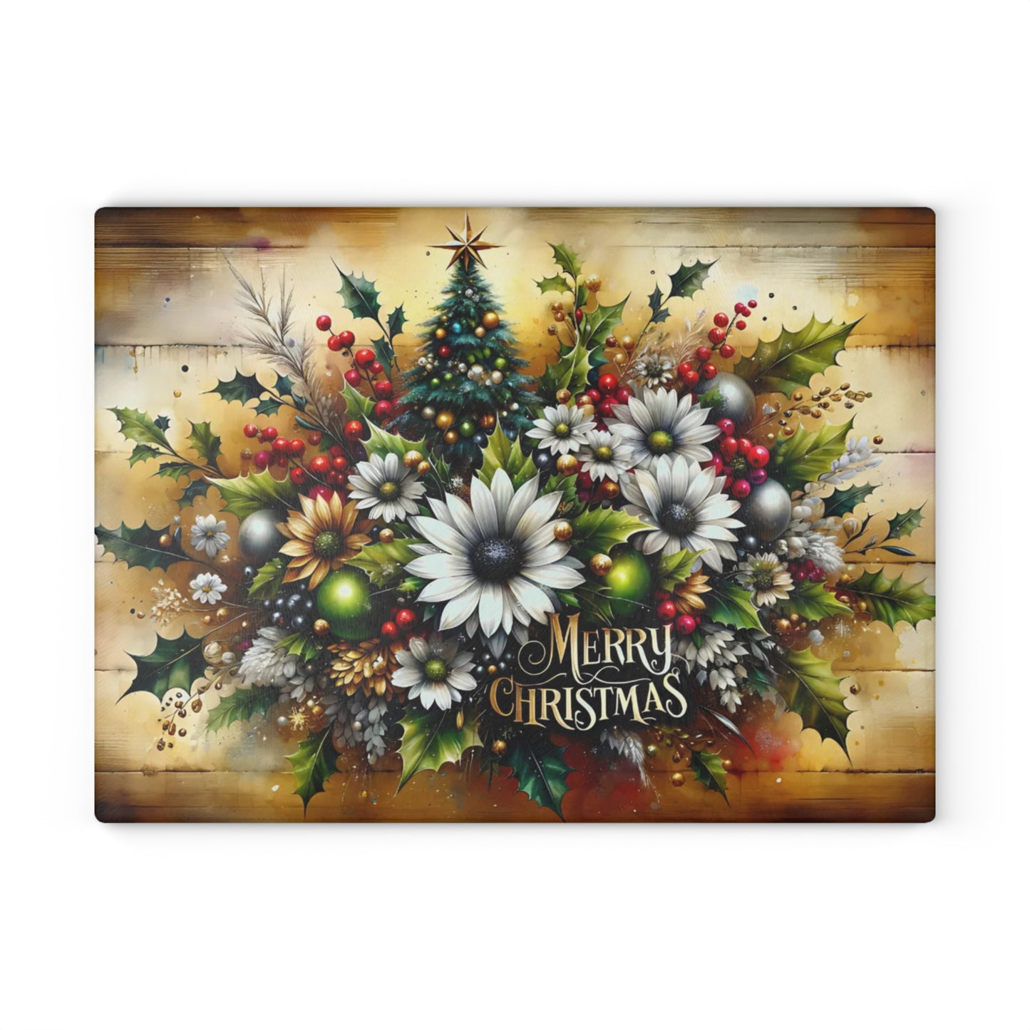 🎄✨ “Merry Christmas Florals” Glass Cutting Board – Festive Farmhouse Glow for Your Kitchen