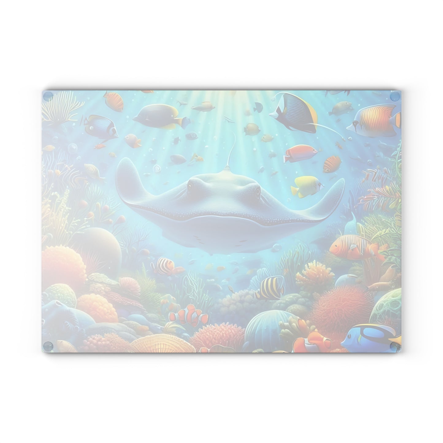 Tabla de cortar de vidrio con diseño de raya y arrecife de coral: decoración de cocina con vida marina y peces de agua salada