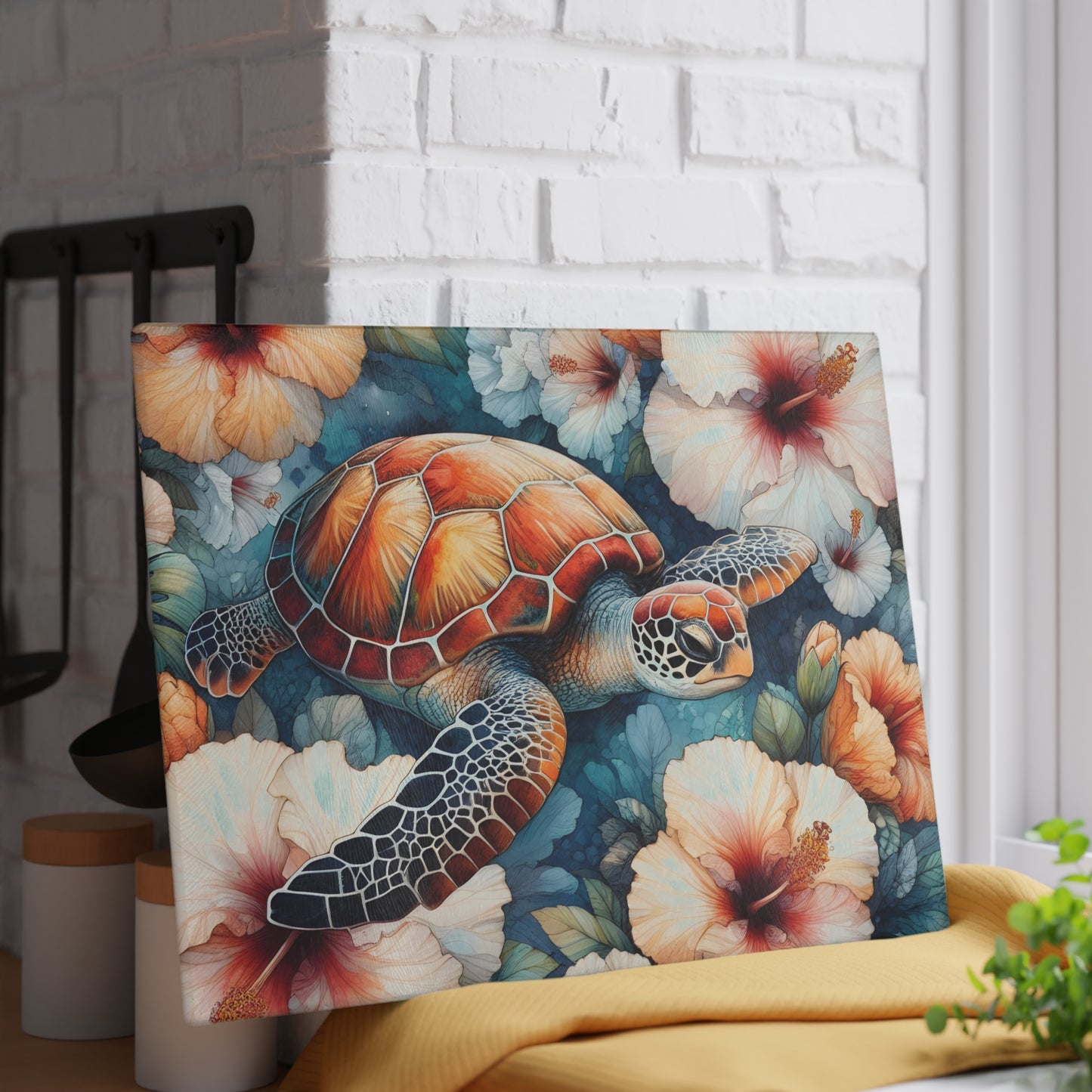 🐢 Tropical Sea Turtle & Hibiscus Cutting Board – Coastal Elegance for Your Kitchen 🌺