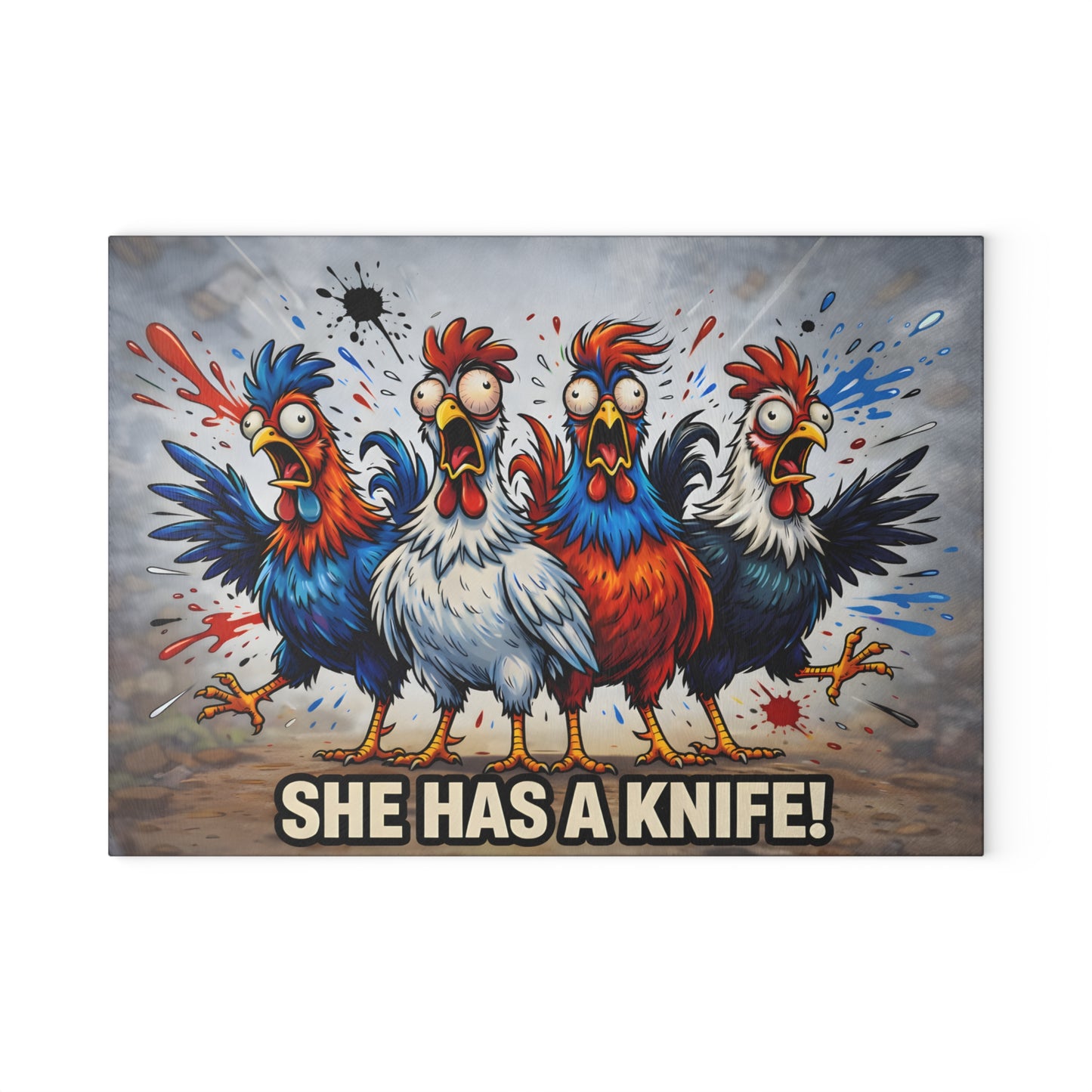 She Has a Knife! Glass Cutting Board – Bold Funny Chicken Kitchen Art