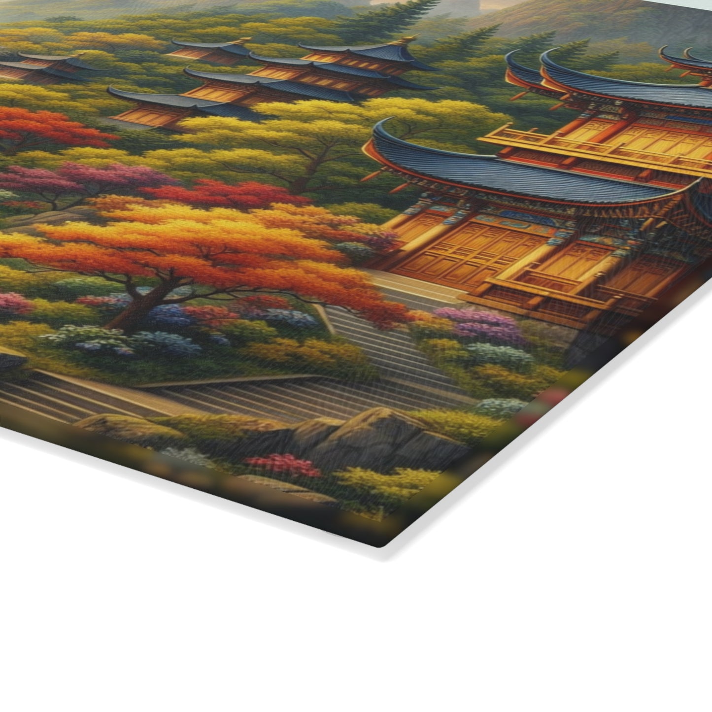 Asian Temple Garden Waterfall Glass Cutting Board – Serene Mountain Landscape Art