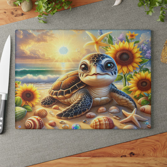Sunny Shore Sea Turtle Glass Cutting Board – Coastal Beach Artwork with Sunflowers