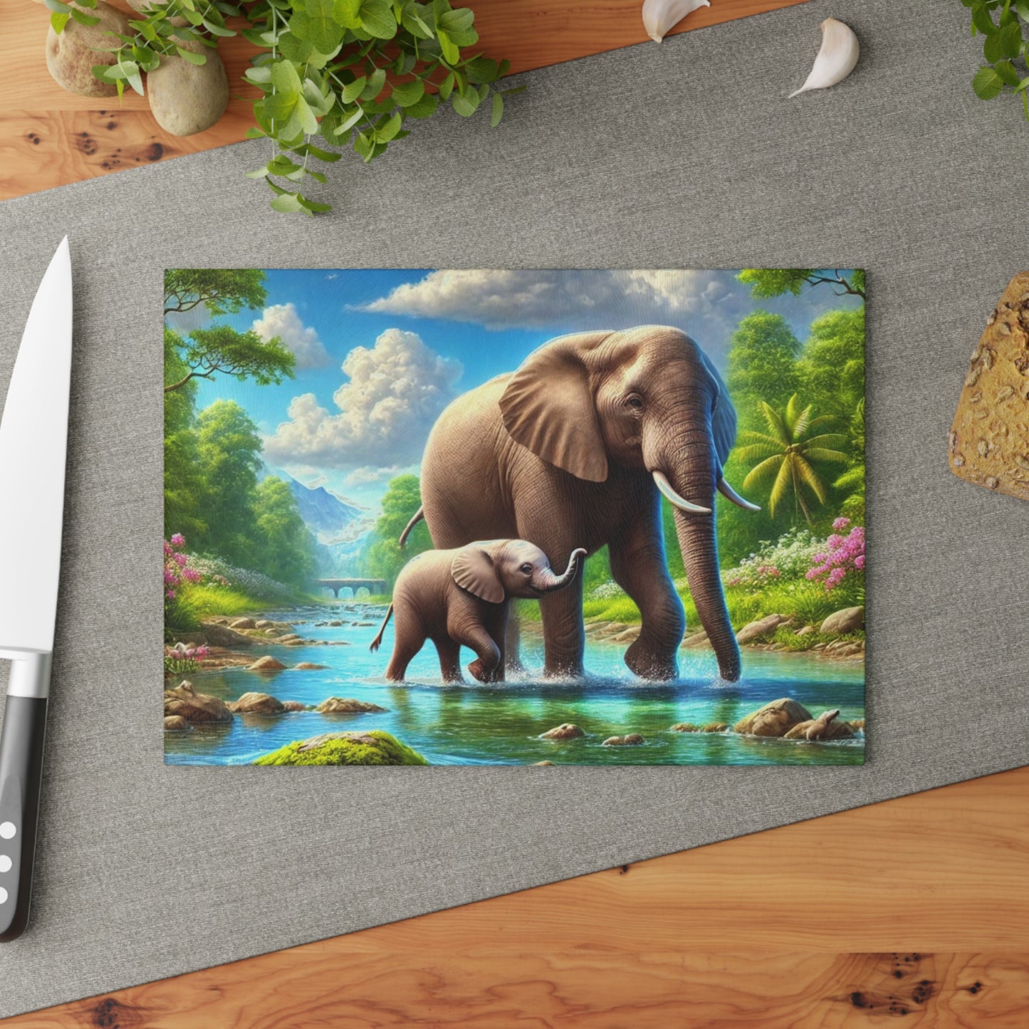 Mother elephant and her baby tempered glass cutting board - walking down a peaceful water creek