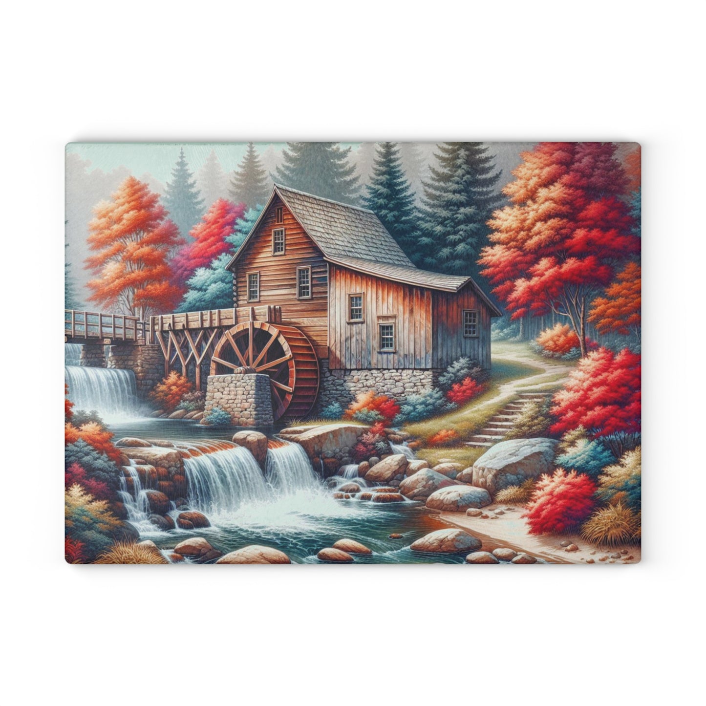 🌊 Rustic Watermill Cutting Board – Tranquil Autumn Charm for Your Kitchen