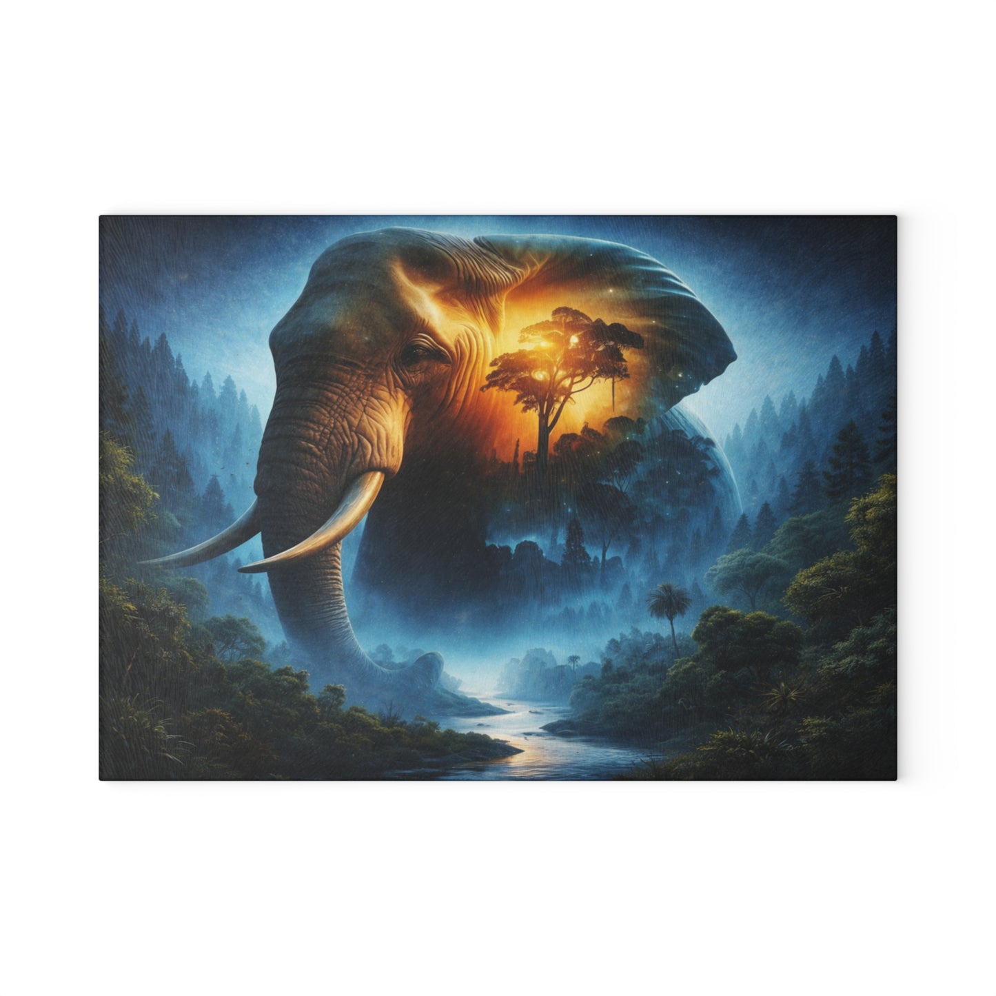 Cosmic Elephant Spirit Forest Glass Cutting Board – Mystical Wildlife Nature Kitchen Art