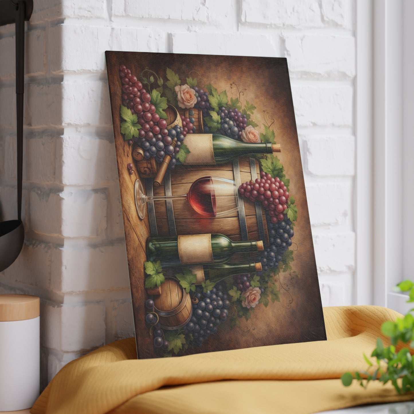 Vintage Vineyard Still Life Glass Cutting Board – Rustic Wine Cellar Artwork for Kitchen Display