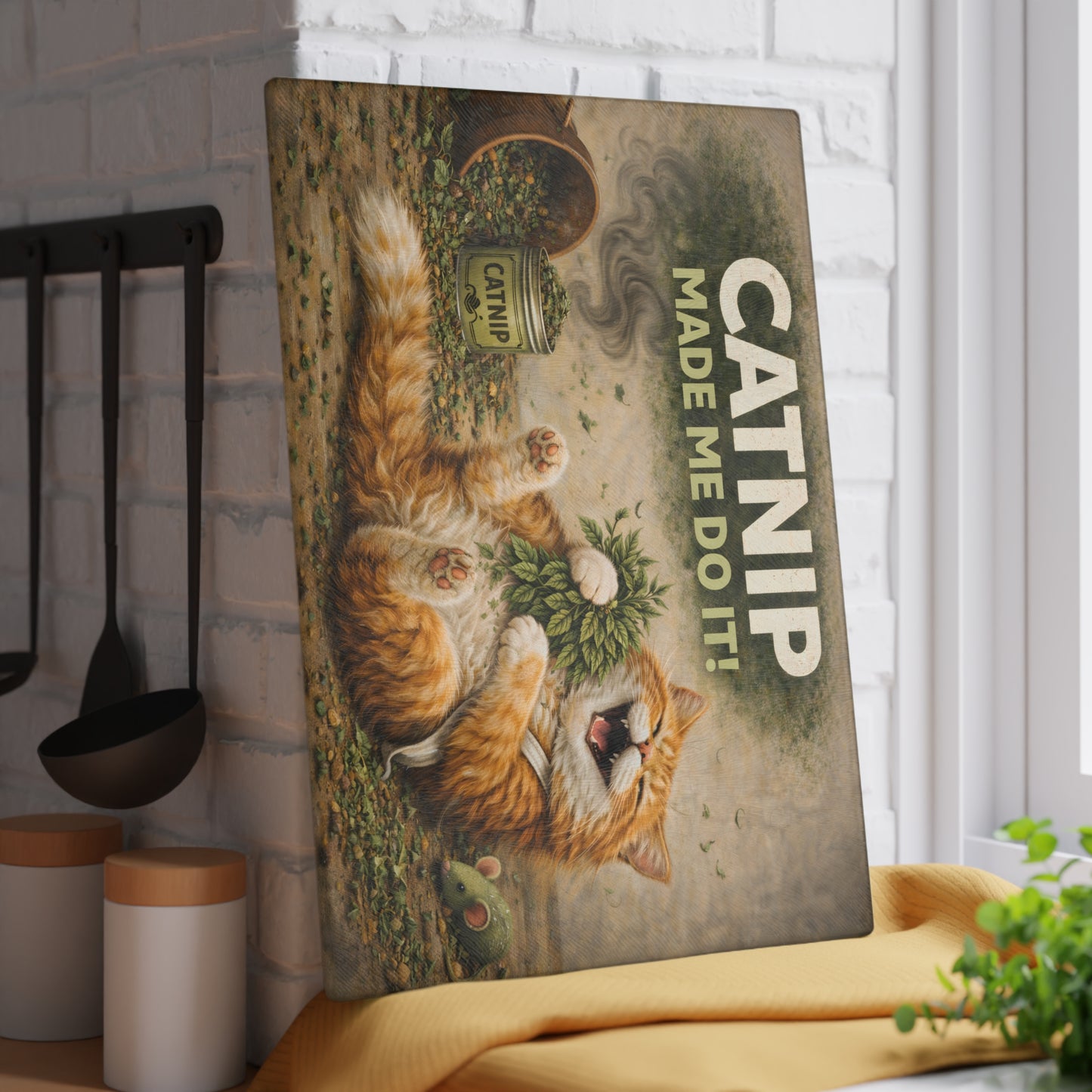 Catnip Made Me Do It Glass Cutting Board – Funny Cat Kitchen Art