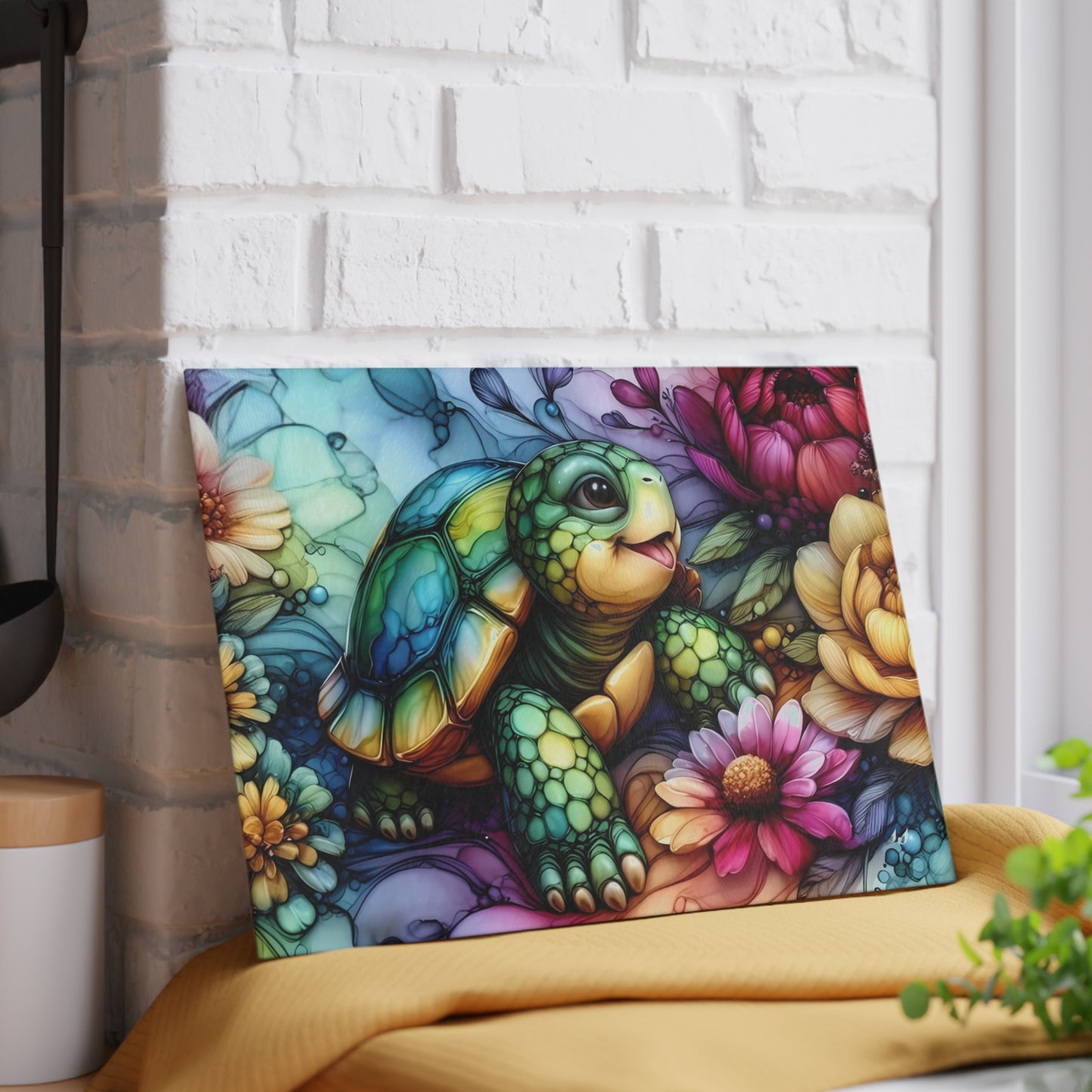 Tortoise in Bloom Glass Cutting Board – Floral Wildlife Kitchen Art