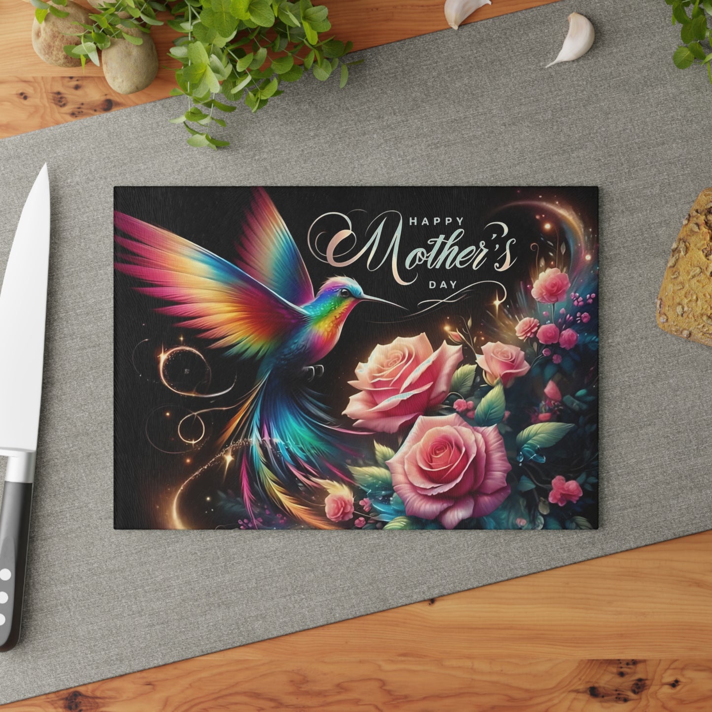 Hummingbird & Roses Tempered Glass Cutting Board – Floral Kitchen Decor, Spring Gift, Mother’s Day Present
