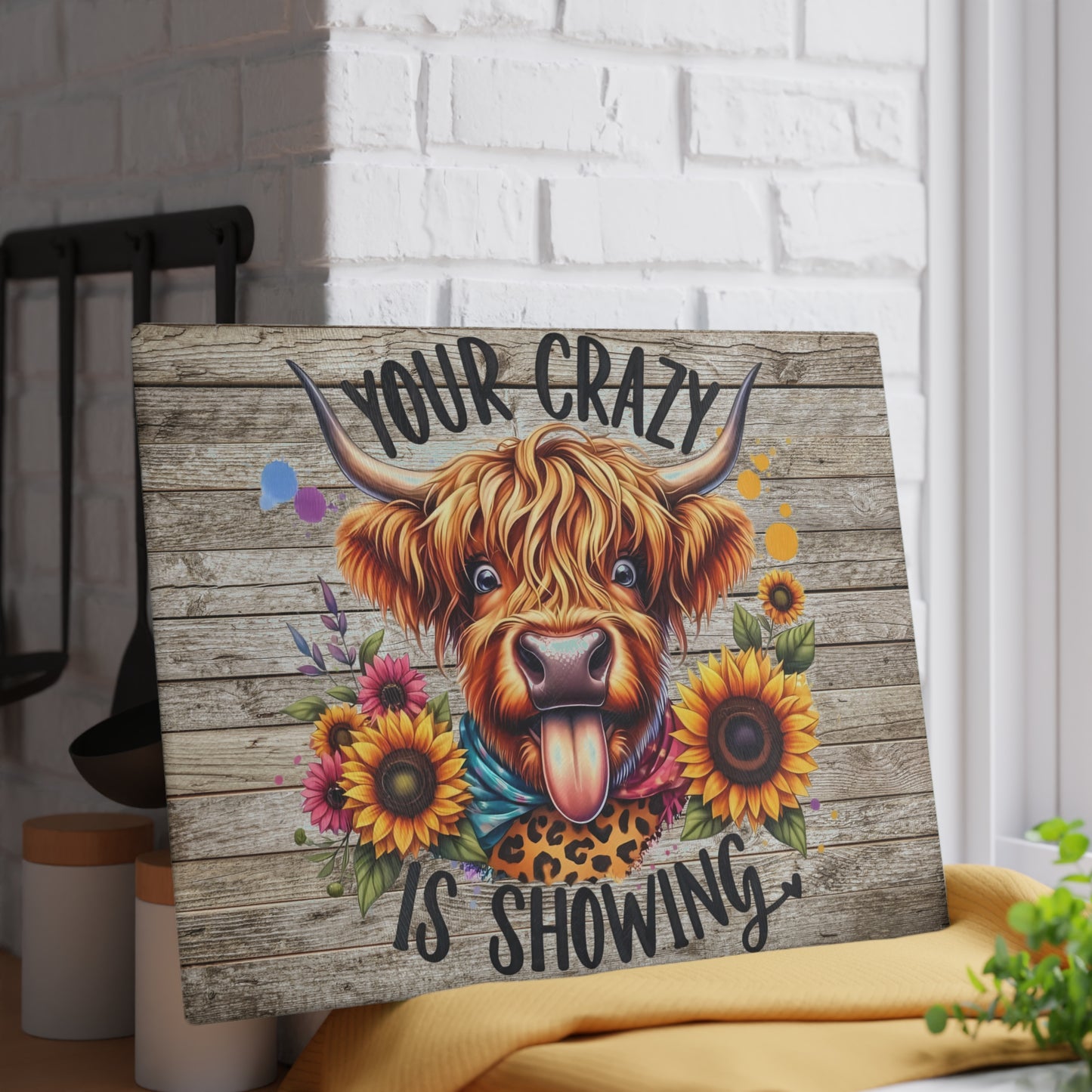 🐮🌻 Your Crazy Is Showing – Highland Cow Glass Cutting Board for Fun & Colorful Kitchens 🎨