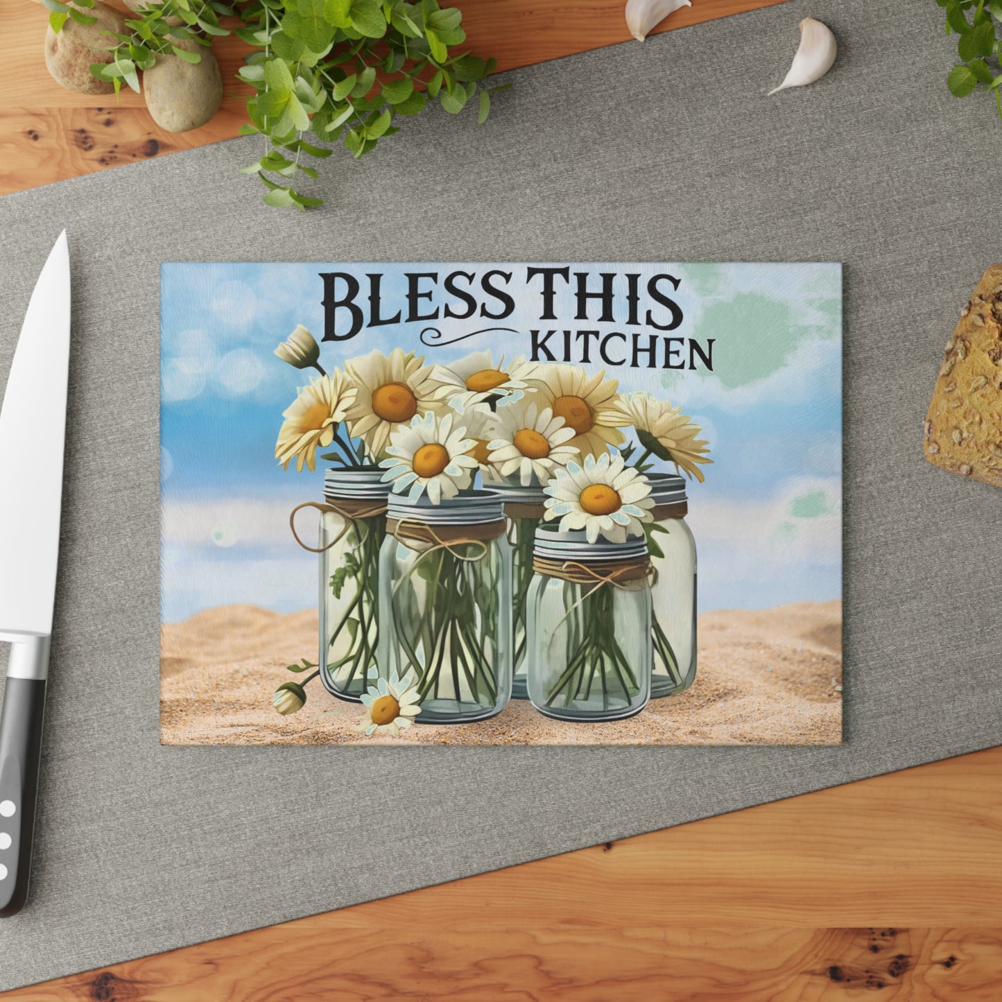 Tabla de cortar de vidrio, Bendice esta cocina, decoración de playa, cocina costera, cocina de granja, tabla de charcutería, tabla de cortar personalizada, flores