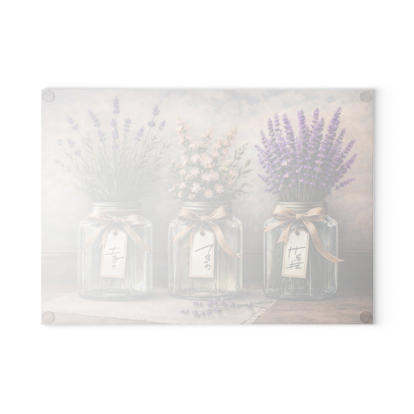 Faith Love Hope Glass Cutting Board – Rustic Mason Jar Florals with Lavender and Soft Pastels