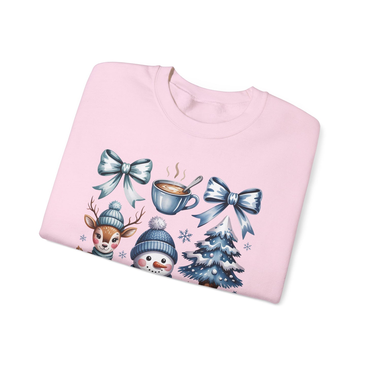 ❄️💙 Cozy Winter Vibes Crewneck – Reindeer, Snowman, Cocoa & Bows