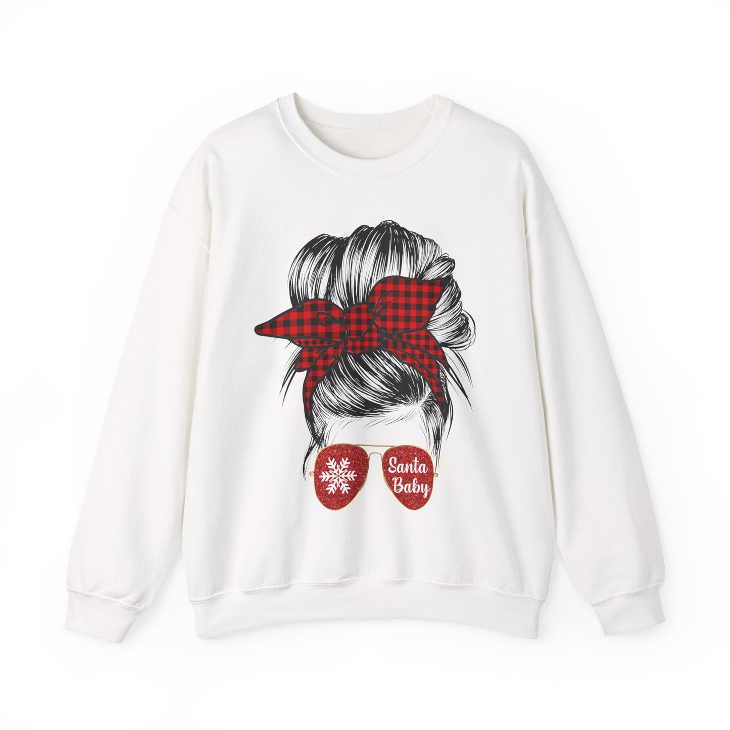 🎅✨ Santa Baby Buffalo Plaid Hair Bun Sweatshirt – Festive Holiday Vibes ❤️🖤