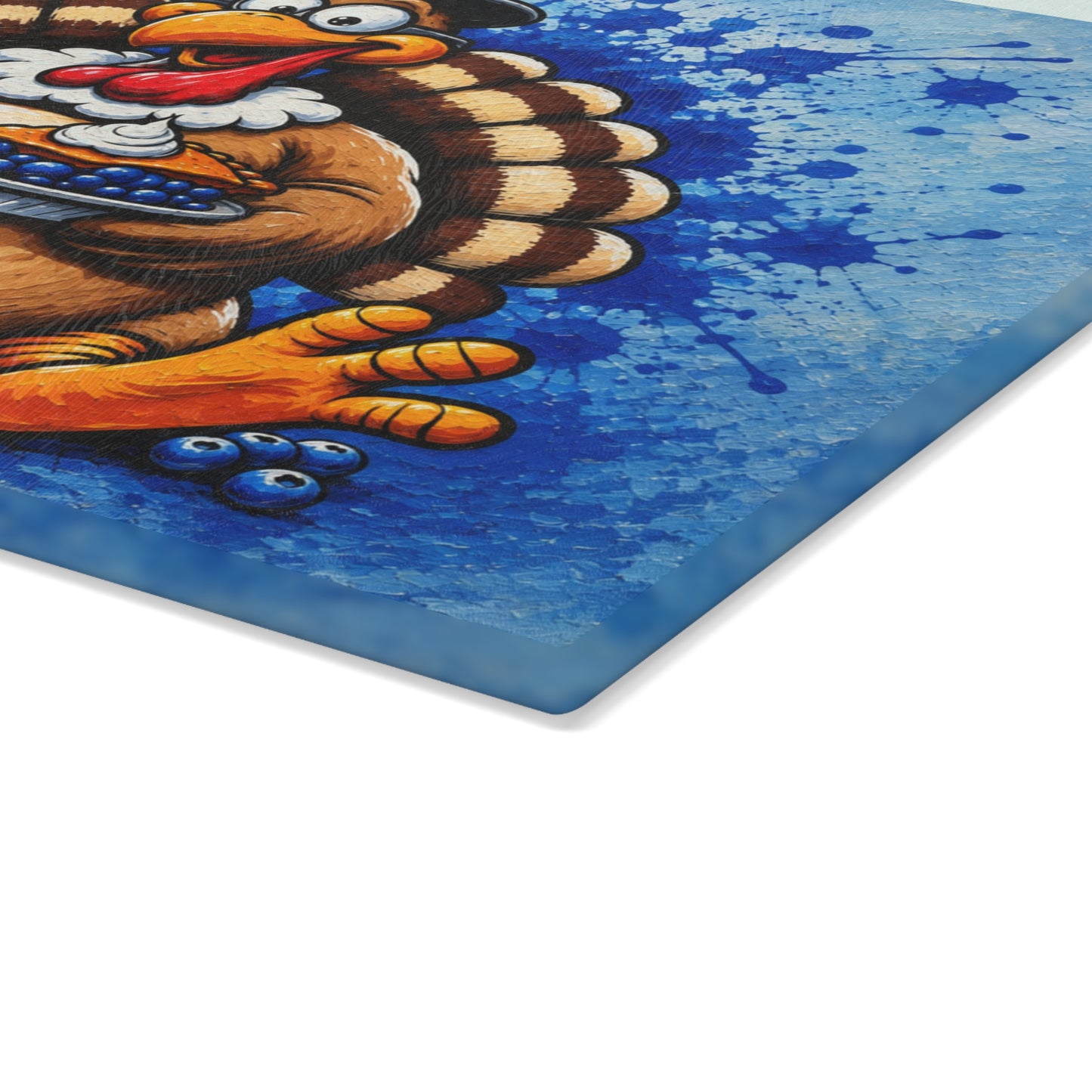 Funny Thanksgiving Turkey & Blueberry Pie Glass Cutting Board – Whimsical Holiday Kitchen Decor