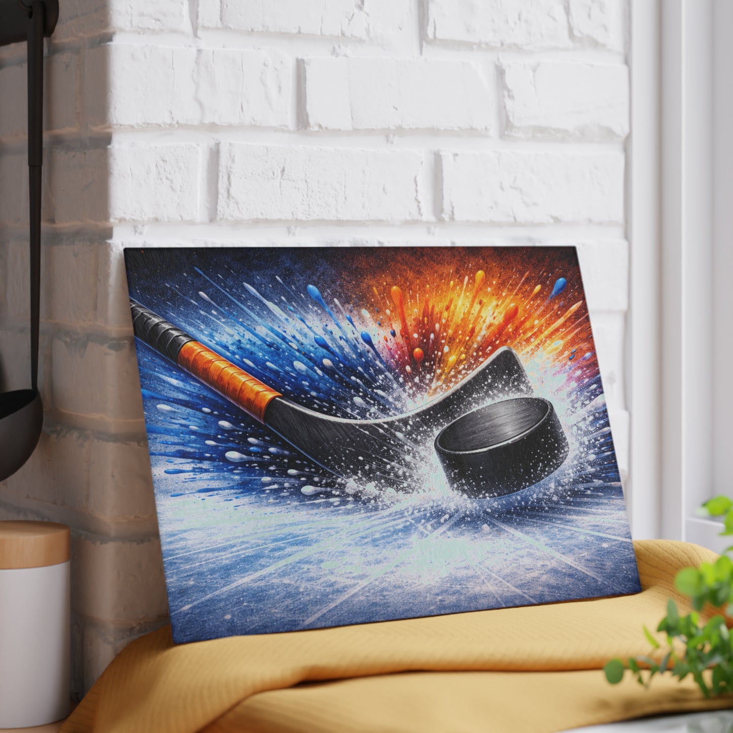 Hockey Stick and Puck Glass Cutting Board – Color Splash Ice Hockey Sports Artwork