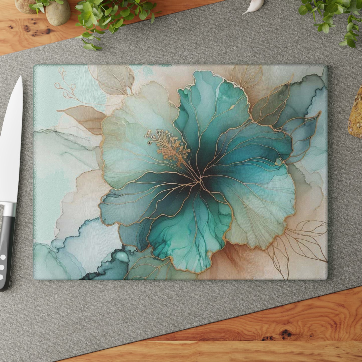 Teal Bloom Harmony Cutting Board – Soft Watercolor Floral Kitchen Art