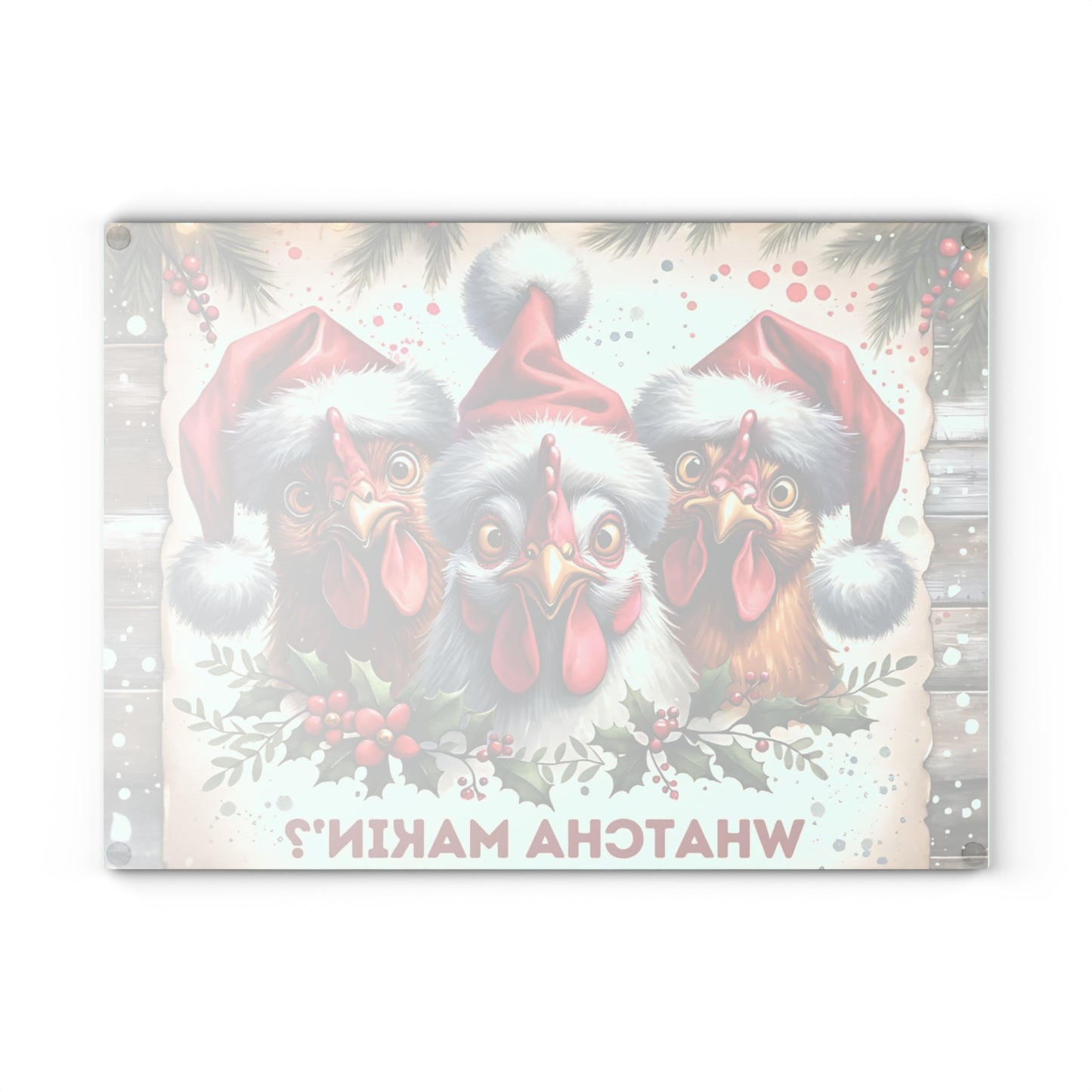 🎄🐔 “Whatcha Makin’?” Glass Cutting Board – Christmas Chickens & Kitchen Giggles