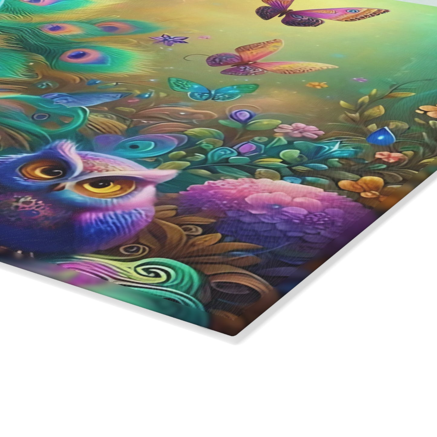 🦚 Whimsical Peacock Forest Cutting Board – Magical Birds & Blooming Feathers