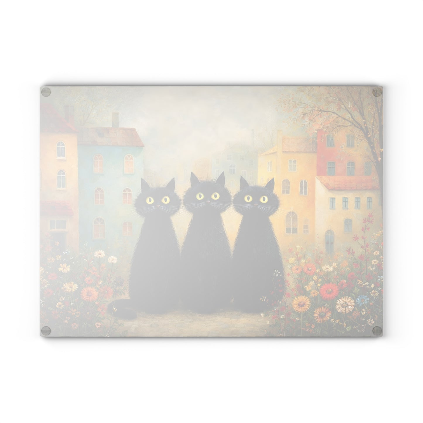 Whimsical Black Cats Village Scene Glass Cutting Board – Storybook Kitchen Art
