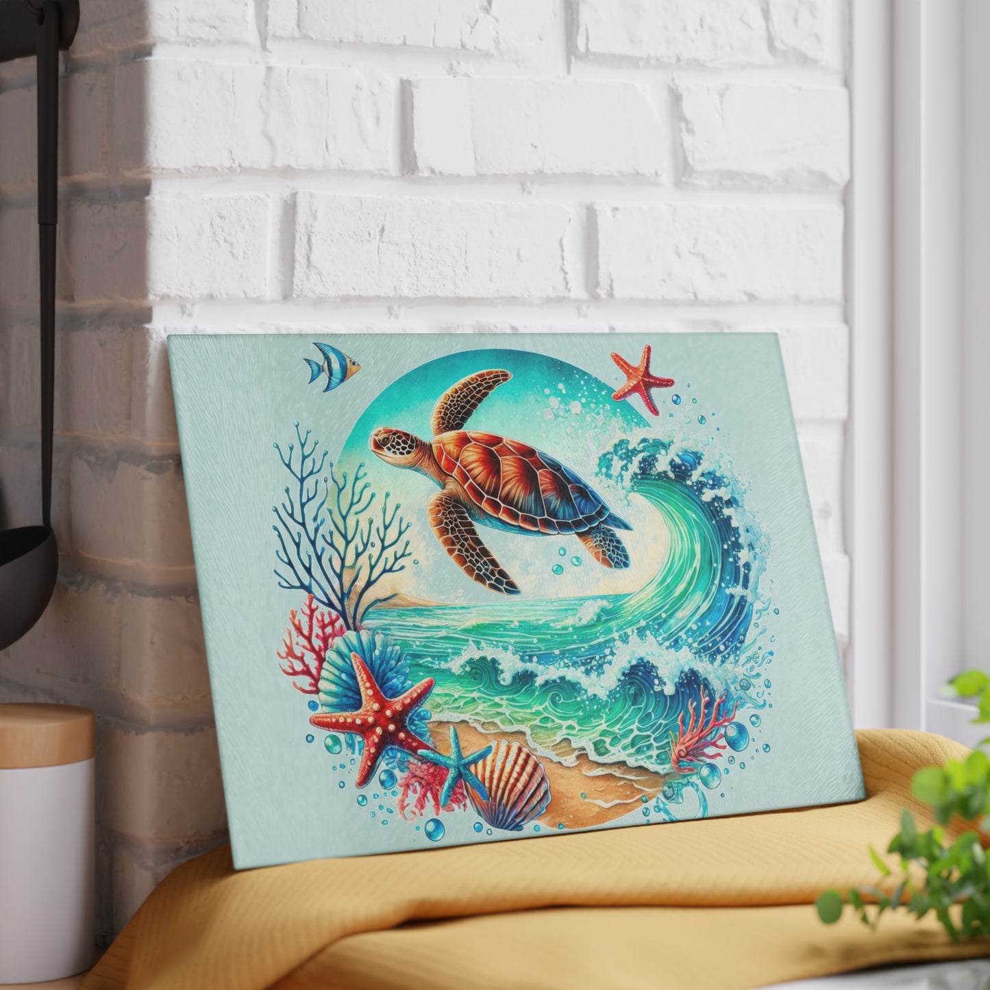 Tabla de cortar con diseño de tortuga y olas del océano: un toque de serenidad y estilo costero