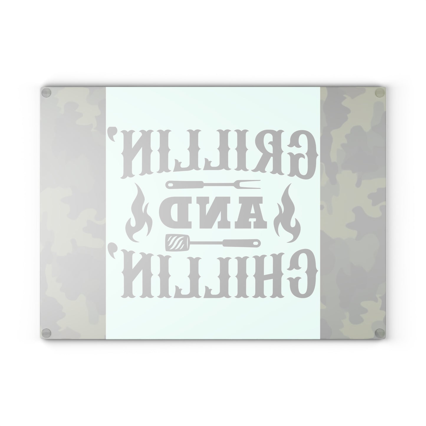 🔥 GRILLIN AND CHILLIN Glass Cutting Board – Camouflage BBQ Prep Style 🍔