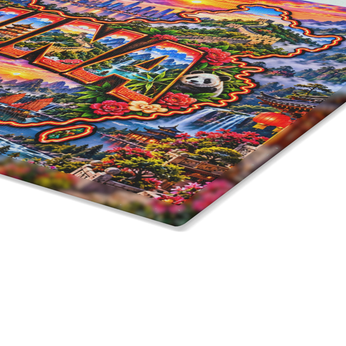 China Map Cutting Board – Great Wall, Giant Panda, Chinese Temples, Mountain Landscapes & Kitchen Décor