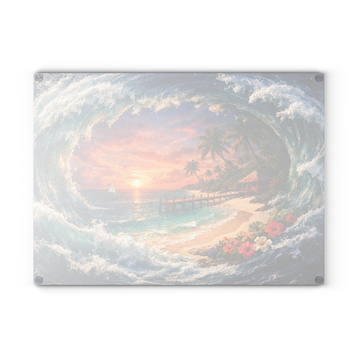 Coastal Escape Glass Cutting Board – Tropical Wave Sunset Kitchen Art & Display Board