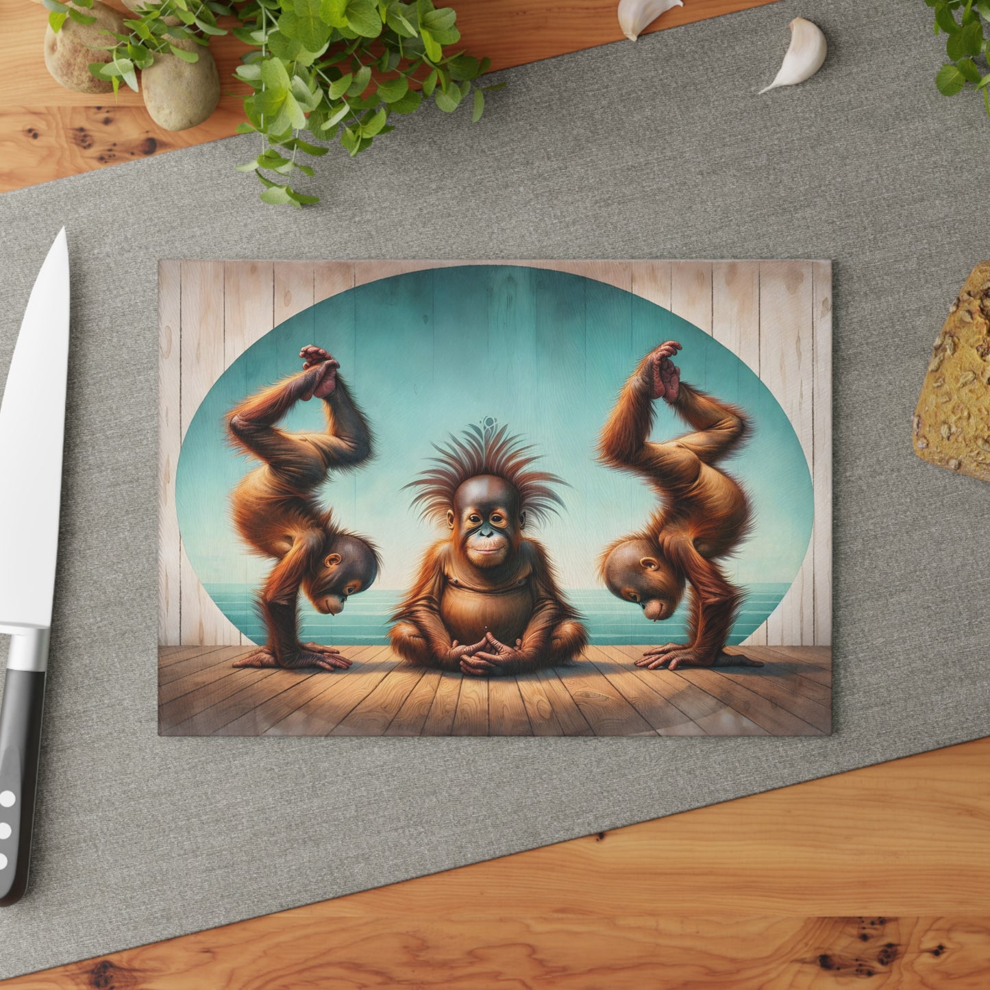 Playful Orangutan Yoga Glass Cutting Board – Whimsical Animal Art Kitchen Display