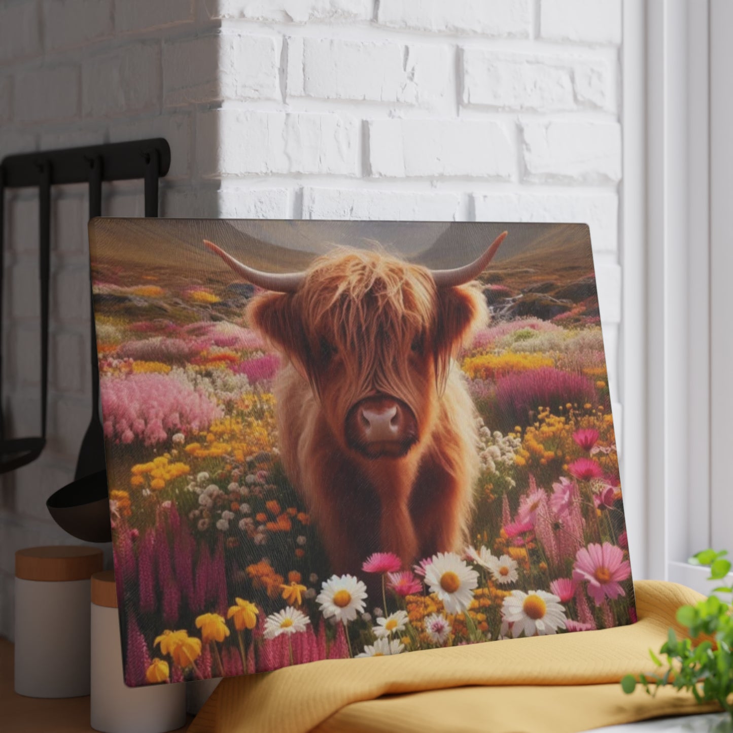 🐮 Highland Cow in a Field of Flowers – Rustic Floral Glass Cutting Board