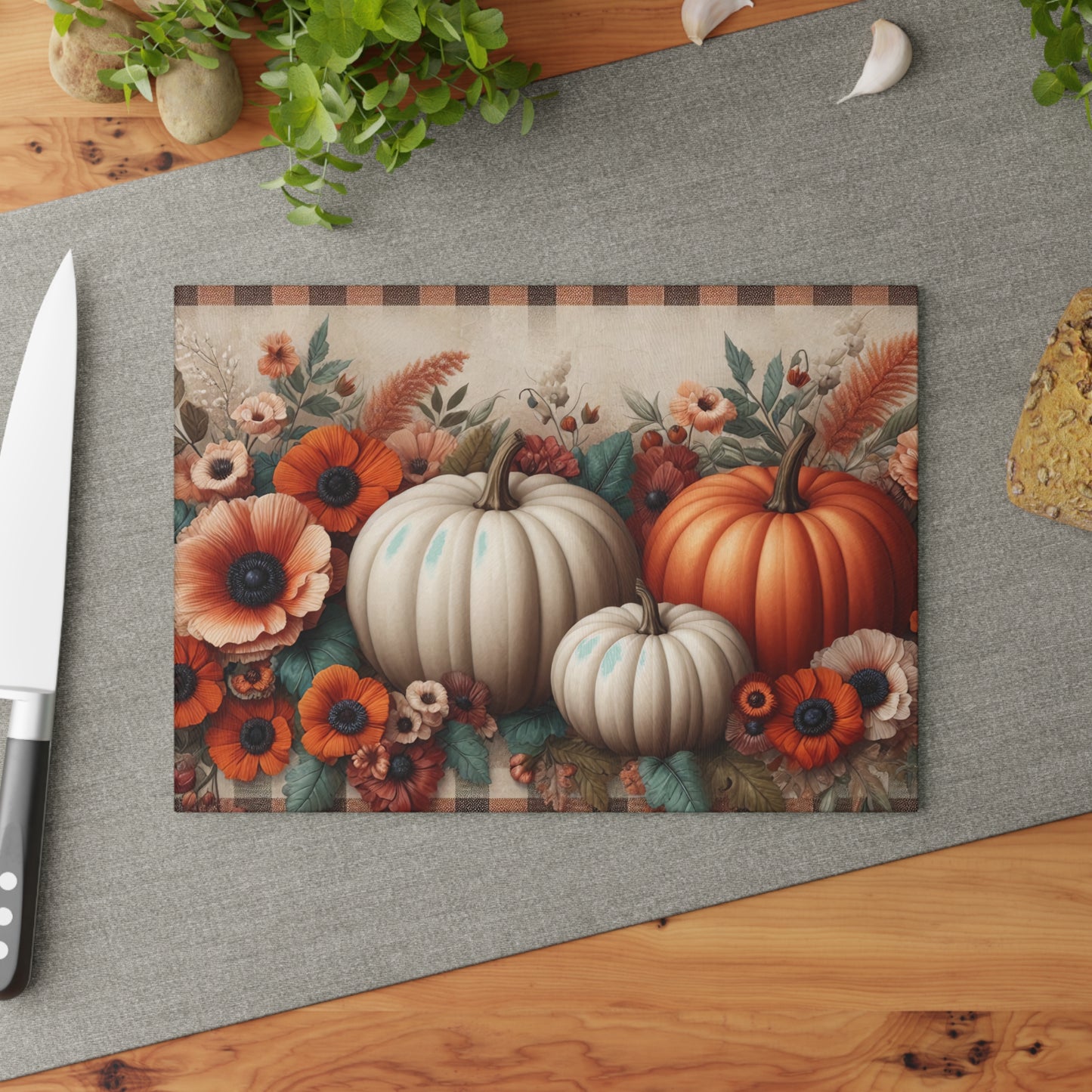 🍂🎃 Autumn Pumpkins and Florals Cutting Board – Rustic Fall Kitchen Décor 🍁🌻