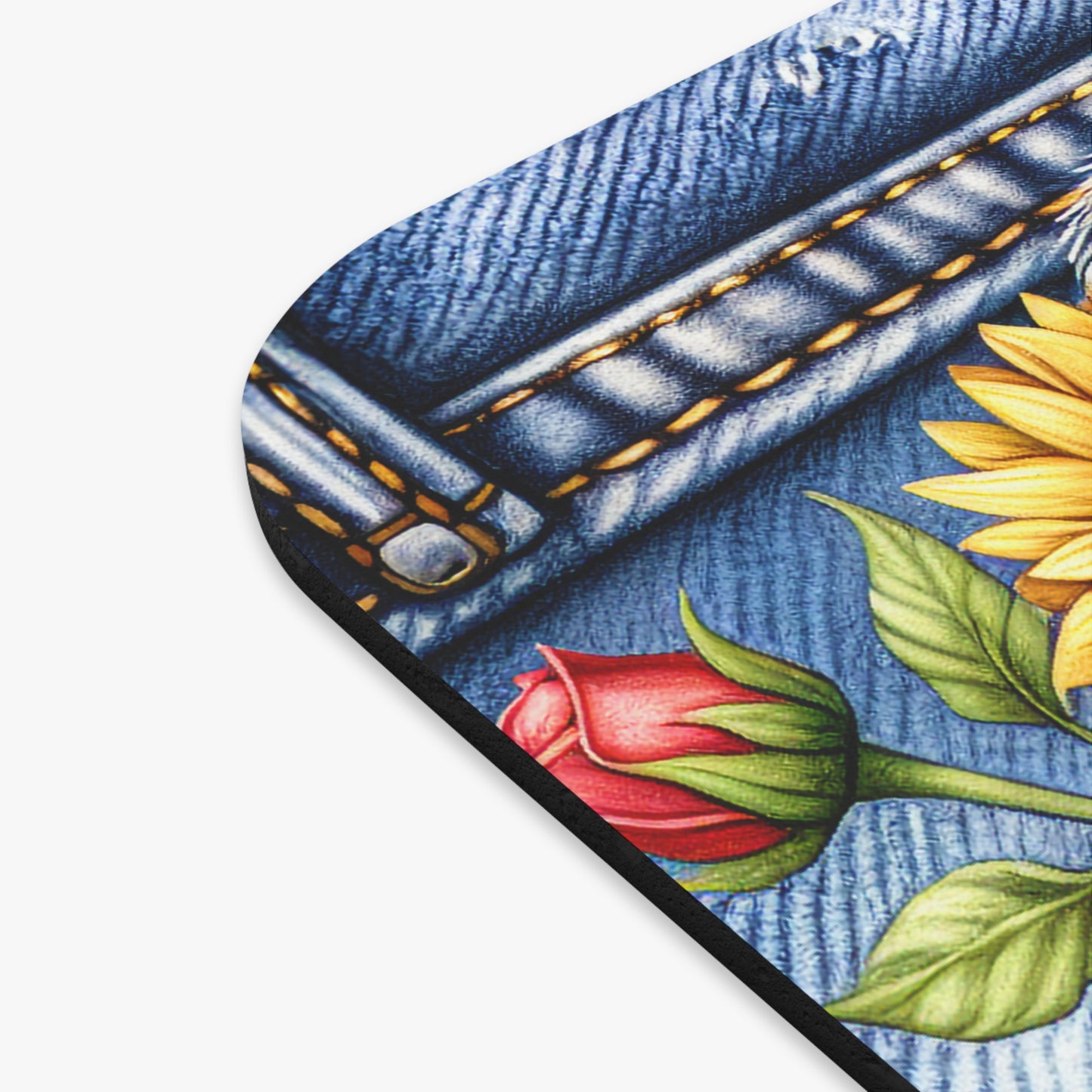🖱️🐶🌼 Pug Mouse Pad – Denim Pocket Pug with Sunflowers & Roses