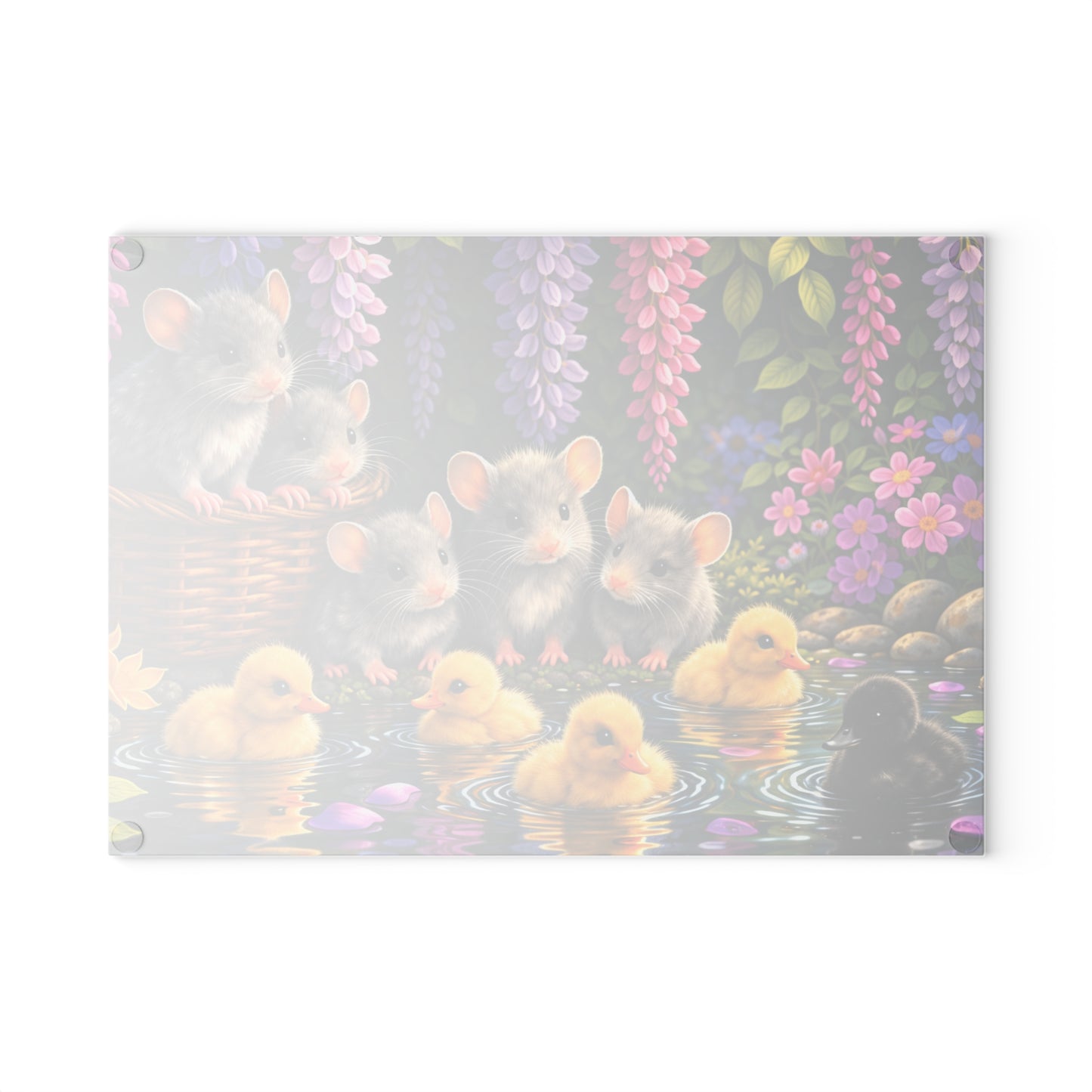 Baby Ducklings and Mice Pond Glass Cutting Board – Whimsical Woodland Garden Artwork