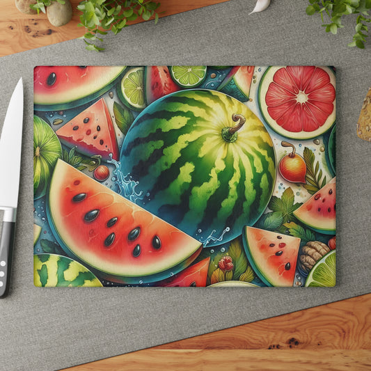 Tabla de cortar de vidrio con sandía jugosa: un dulce ambiente de cocina de verano