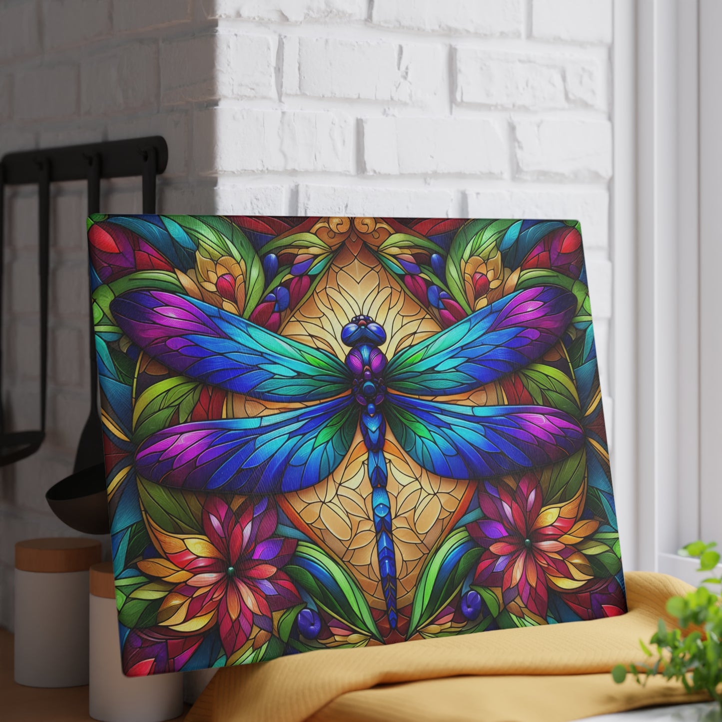 Stained Glass Dragonfly Glass Cutting Board – Colorful Botanical Art Kitchen Display