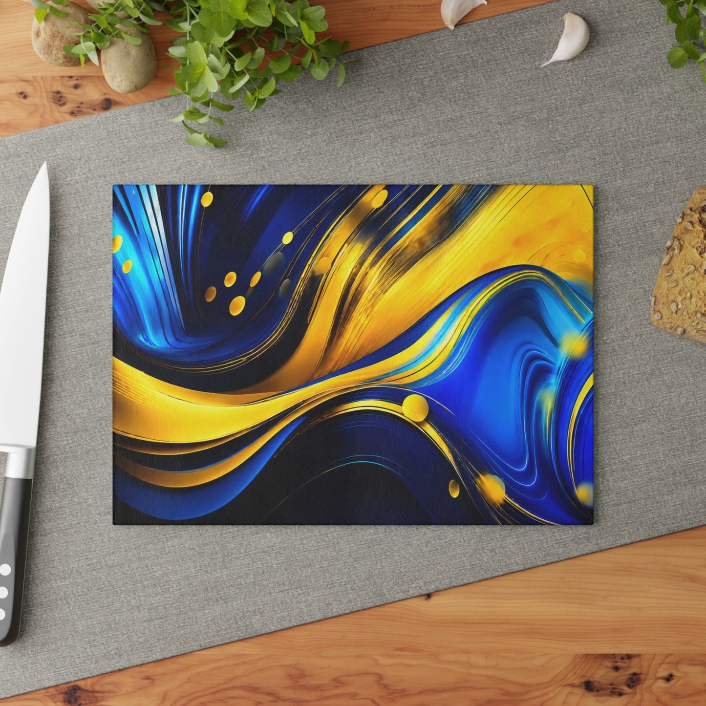 Blue & Gold Abstract Glass Cutting Board – Modern Fluid Art Kitchen Decor