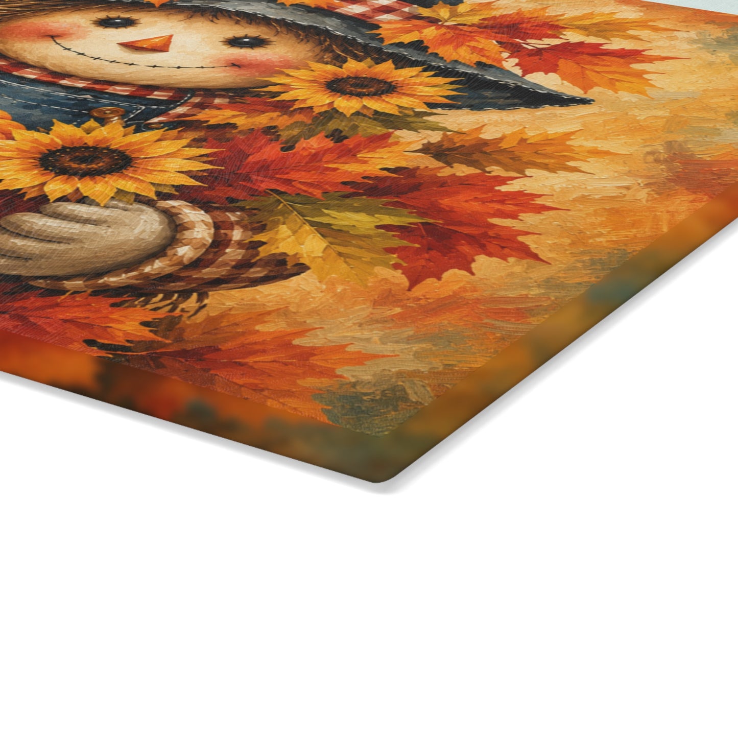 Autumn Scarecrow Glass Cutting Board – Sunflower Pumpkin Fall Kitchen Decor