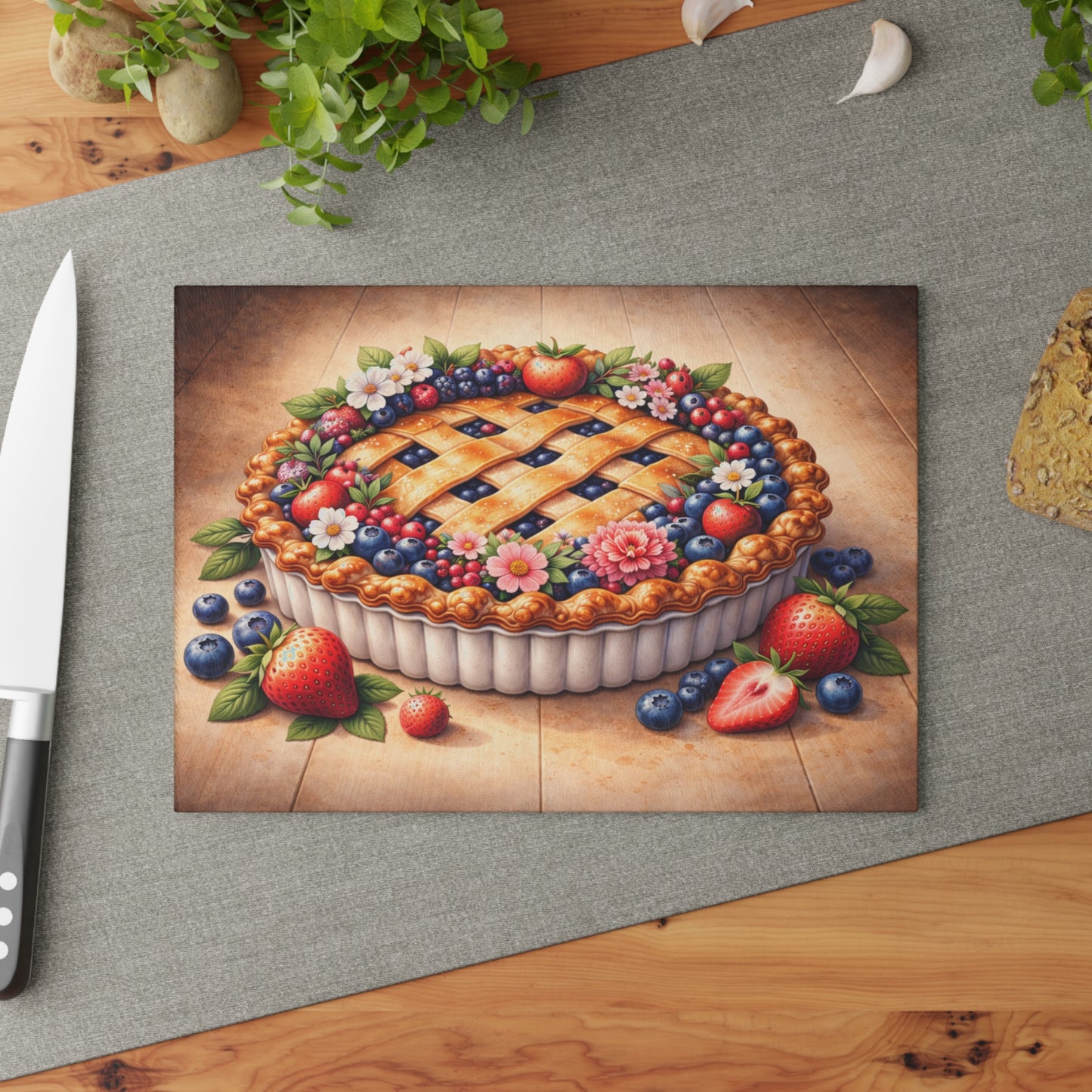 Berry Blossom Pie Glass Cutting Board – Vintage Farmhouse Dessert Kitchen Art