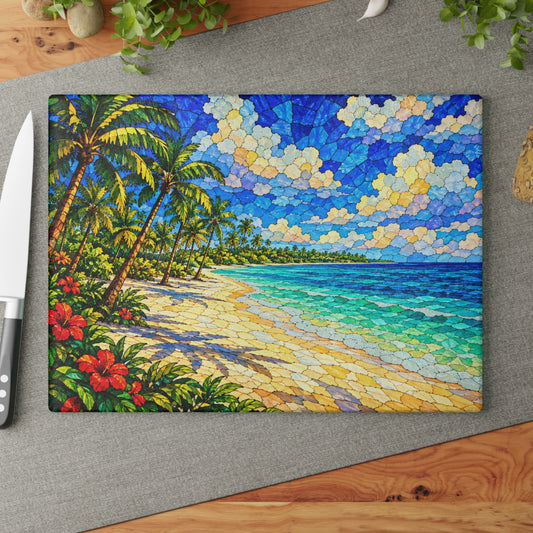 Tropical Paradise Stained-Glass-Inspired Glass Cutting Board – Palm Tree Beach Kitchen Decor