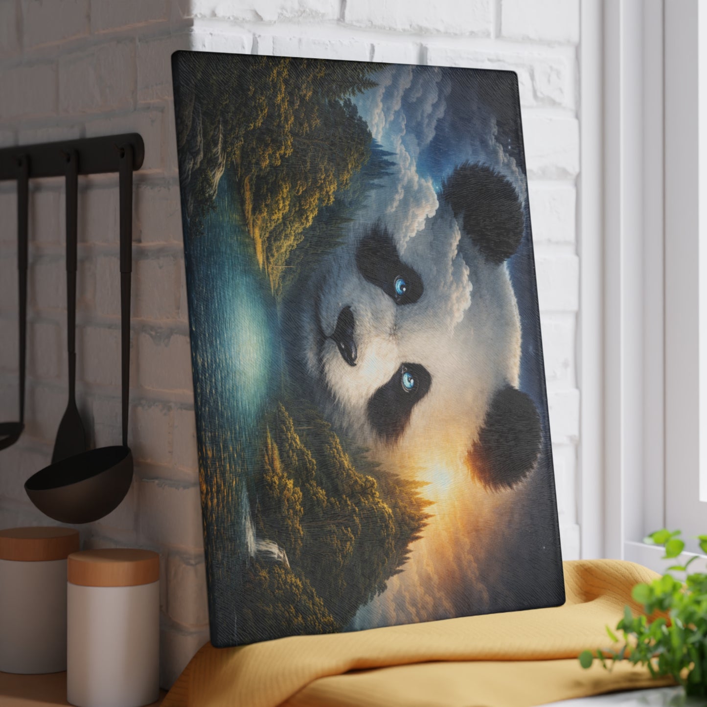 Panda Mountain Landscape Glass Cutting Board – Serene Wildlife Nature Artwork
