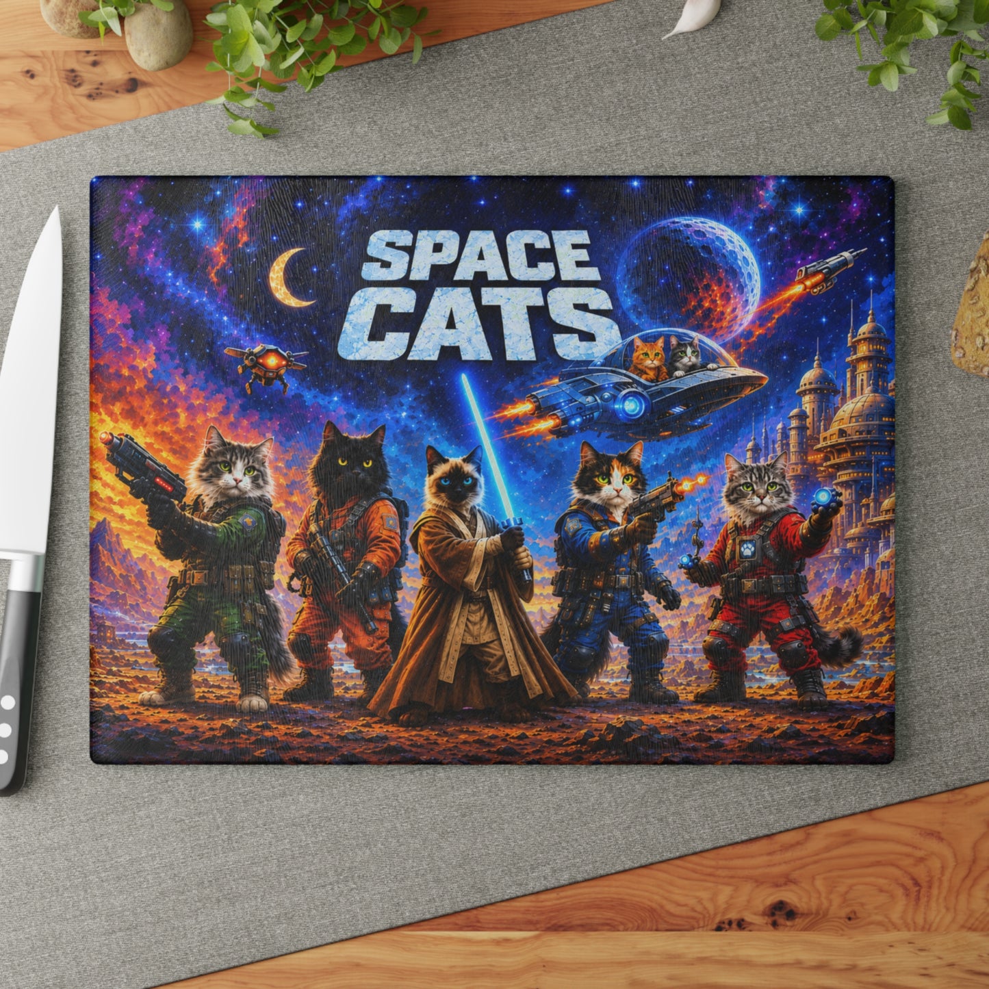 Space Cats Glass Cutting Board – Colorful Cosmic Cat Adventure Artwork