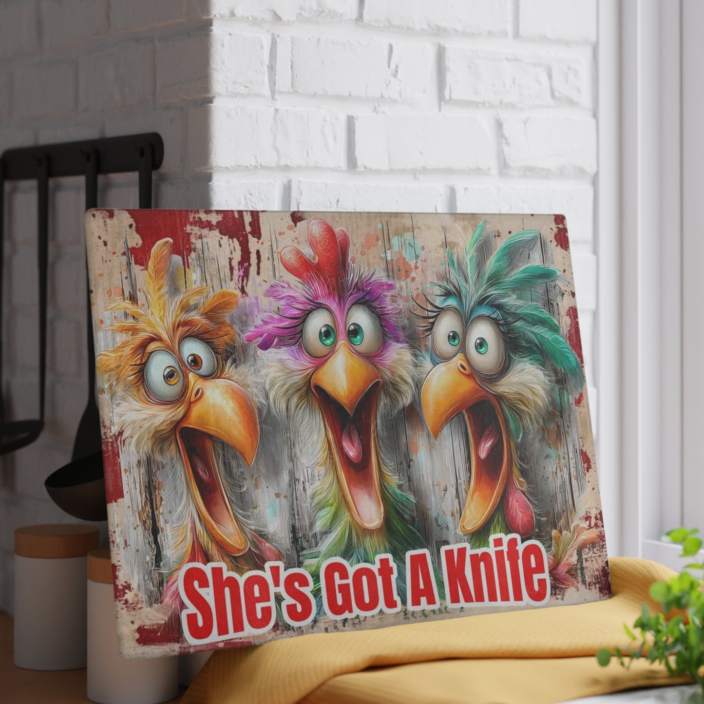 She’s Got a Knife Funny Chicken Glass Cutting Board – Colorful Farmhouse Kitchen Humor