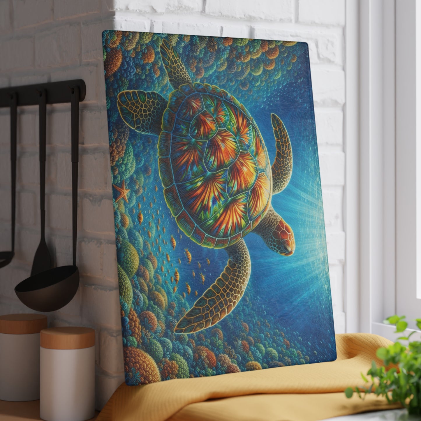 Radiant Sea Turtle Glass Cutting Board – Vibrant Ocean Life Artwork