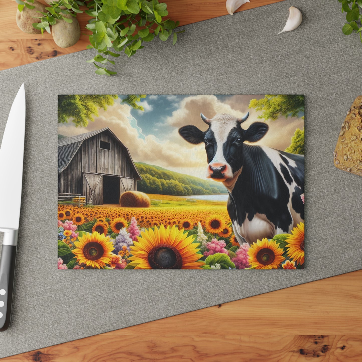 🐄🌻 Black & White Cow in Sunflower Field Glass Cutting Board – Peaceful Barn, Lake & Nature Scene 🌳