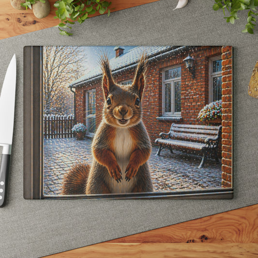 Winter Squirrel Window Glass Cutting Board