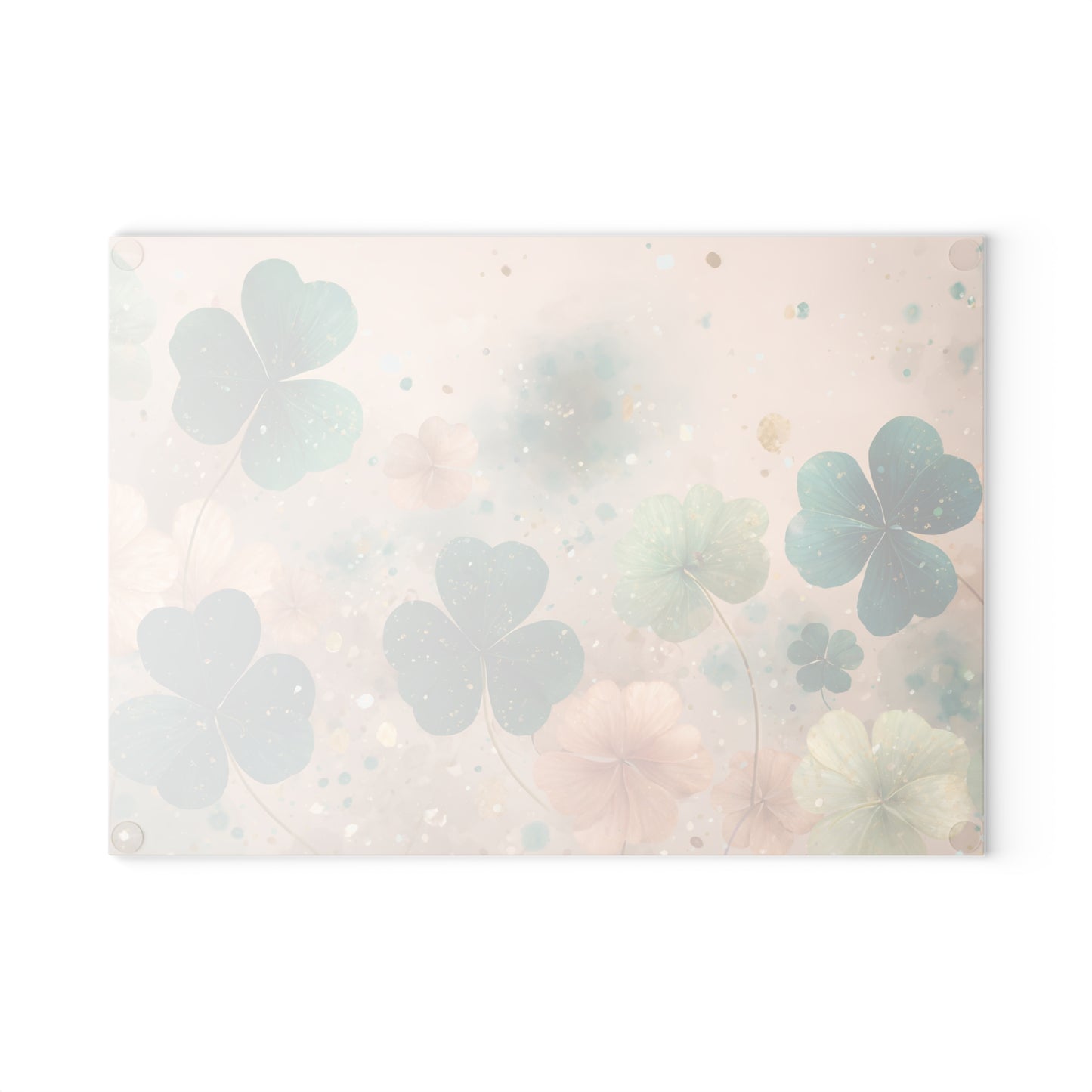 Pastel Shamrock Floral Glass Cutting Board – Soft Irish Clover Spring Kitchen Art