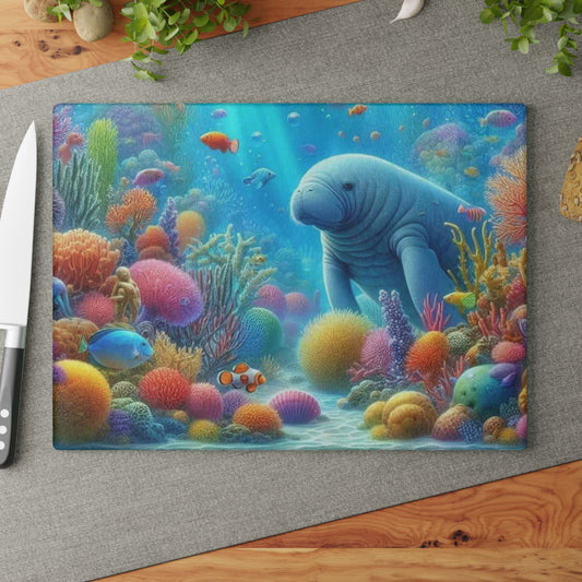 Tabla de cortar de manatí, vidrio texturizado, decoración de cocina de primavera de Florida, regalo para el hogar costero, inauguración de la casa en la playa, amante de los manatíes, arte marino, náutico