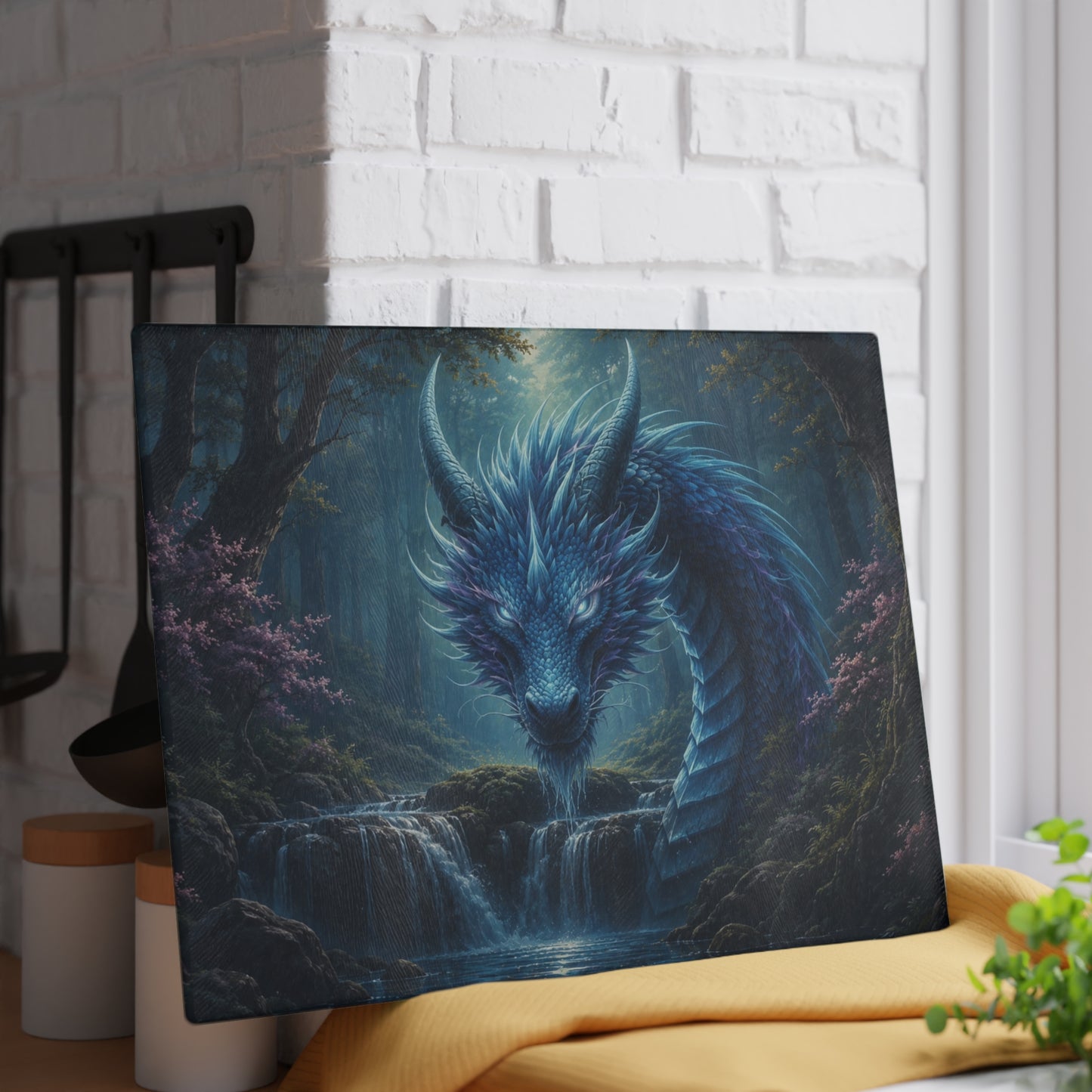 Mystical Blue Dragon Glass Cutting Board – Fantasy Dragon Kitchen Decor, Magical Waterfall Gift