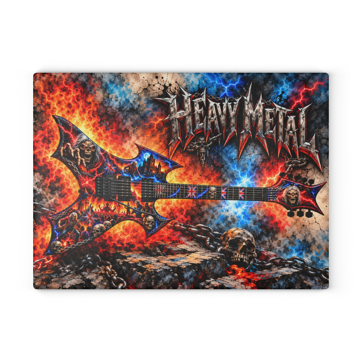 Heavy Metal Guitar Glass Cutting Board – Electric Guitar, Fire, Lightning, Skulls & Rock Music Artwork